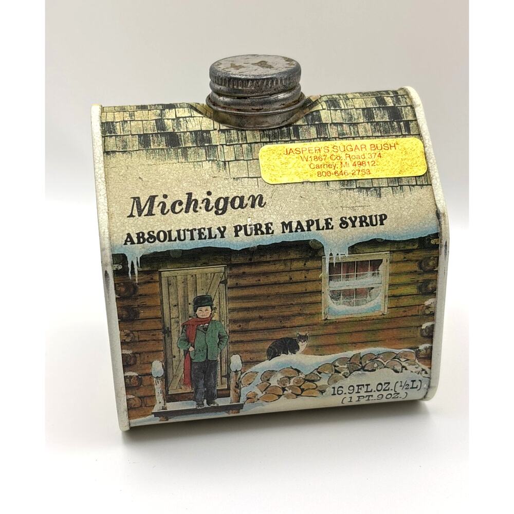 Vintage Absolutely Pure Maple Syrup Empty Tin Log Cabin Container Michigan 1984